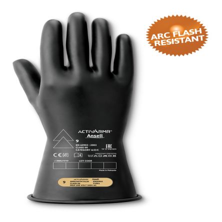 Ansell RIG0011B Black Natural Rubber Latex Electrical Safety Electrical Insulating Gloves, Size 8, Latex, Natural