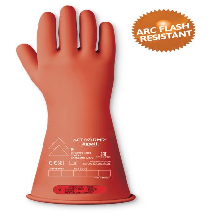 Ansell RIG014R Red Latex Electrical Safety Electrical Insulating Gloves, Size 11, Latex, Natural Rubber Coating