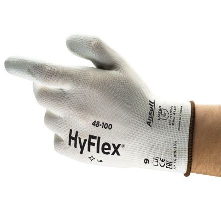 Ansell HyFlex 48-100 White Nylon Abrasion Resistant Gloves, Size 11, Polyurethane Coating