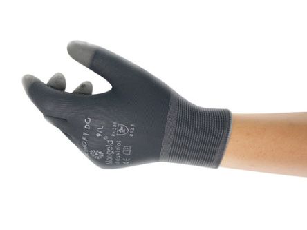 Ansell Picosoft DG Black, Grey Polyamide Extra Grip Work Gloves, Size 8, Polyurethane Coating