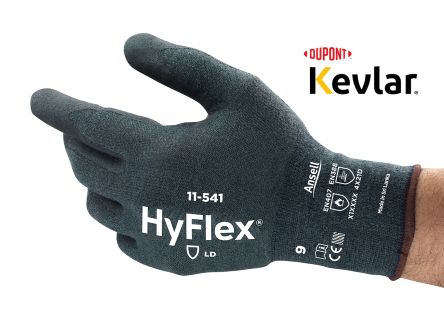Ansell HyFlex 11-541 Grey Kevlar, Spandex, Stainless Steel Abrasion Resistant, Cut Resistant Gloves, Size 11, Foam