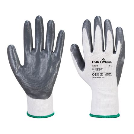 Portwest Hand Protection Grey, White Elastane, Polyester Abrasion Resistant Work Gloves, Size M, Nitrile Foam Coating