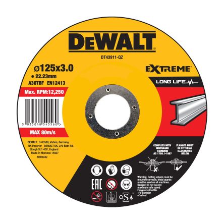 DeWALT DT43 Aluminium Oxide Cutting Disc, 125mm x 3mm Thick, 1 in pack