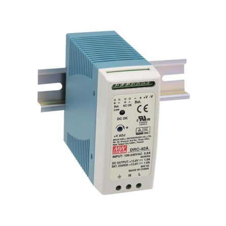 MEAN WELL Switching Power Supply, DRC-40B, 27.6V, 0.5 - 0.95A, 40.02W, Dual Output, 24 → 30V Input Voltage