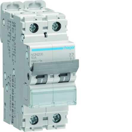 Hager NQN MCB, 2P, 6A Curve B, 415V AC, 25 kA Breaking Capacity