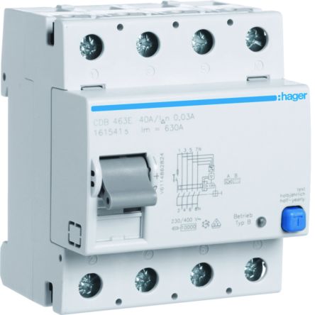 Hager CDB RCCB, 63A, 4 Pole, 30mA, Type B, 230 → 400V ac