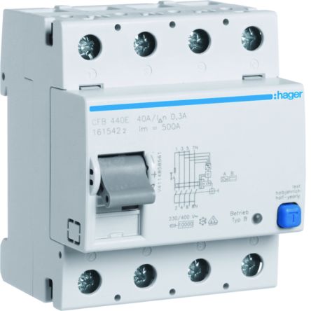 Hager CFB RCCB, 40A, 4 Pole, 300mA, Type B, 230 → 400V ac