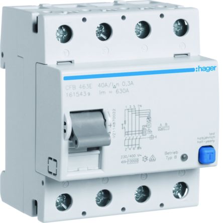 Hager CFB RCCB, 63A, 4 Pole, 300mA, Type B, 230 → 400V ac