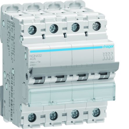 Hager NQN MCB, 4P, 32A Curve B, 415V AC, 20 kA Breaking Capacity
