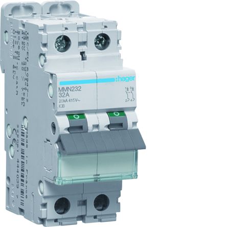 Hager MMN MCB, 2P, 32A, 415V AC, 20 kA Breaking Capacity
