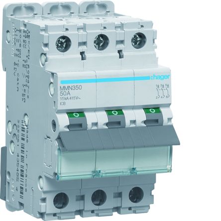Hager MMN MCB, 3P, 50A, 415V AC, 15 kA Breaking Capacity