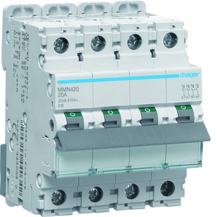 Hager MMN MCB, 4P, 20A, 415V AC, 25 kA Breaking Capacity