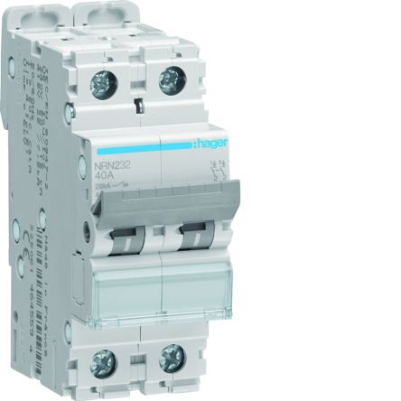 Hager NRN Circuit Breaker, 2P, 32A Curve C, 415V AC, 20 kA Breaking Capacity