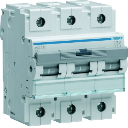 Hager HMX Circuit Breaker, 3P, 32A Curve C, 415V AC, 50 kA Breaking Capacity