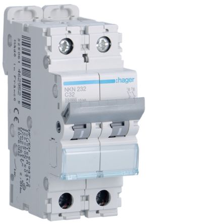 Hager NKN Circuit Breaker, 2P, 32A Curve C, 400V AC, 15 kA Breaking Capacity