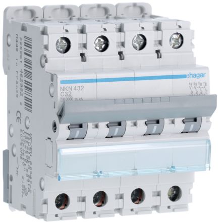 Hager NKN Circuit Breaker, 4P, 32A Curve C, 400V AC, 15 kA Breaking Capacity