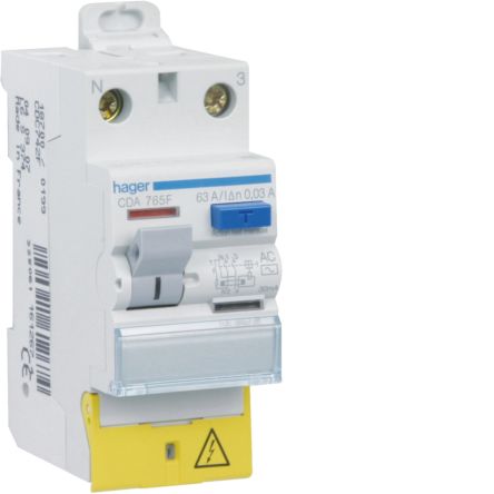 Hager CDA RCD Switch, 63A, 2 Pole, 30mA, Type A, 230V