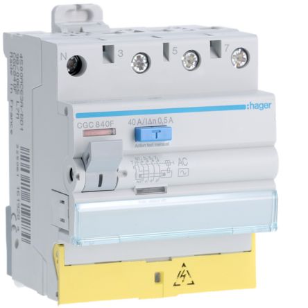 Hager CGC RCD Switch, 40A, 4 Pole, 500mA, Type AC, 230 → 400V