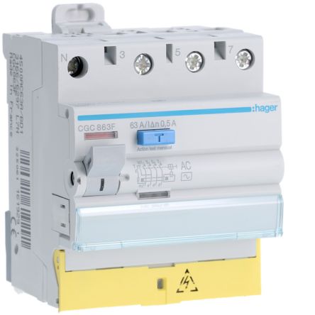 Hager CGC RCD Switch, 63A, 4 Pole, 500mA, Type AC, 230 → 400V