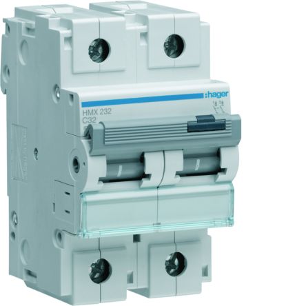 Hager HMX Circuit Breaker, 2P, 32A Curve C, 415V AC, 50 kA Breaking Capacity