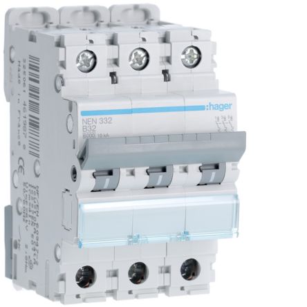 Hager NEN Circuit Breaker, 3P, 32A Curve B, 400V AC, 10 kA Breaking Capacity