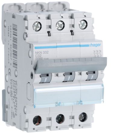 Hager NKN Circuit Breaker, 3P, 32A Curve C, 400V AC, 15 kA Breaking Capacity