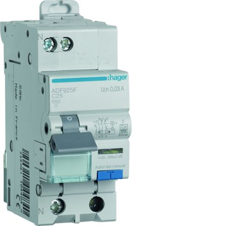 Hager RCBO, 25A Current Rating, 1P+N Poles, 30mA Trip Sensitivity, Type F