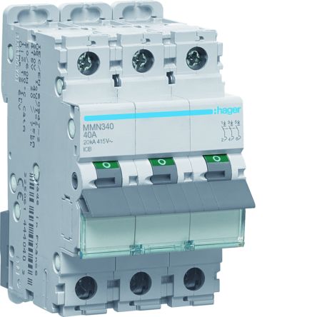 Hager MMN MCB, 3P, 40A, 400V AC, 20 kA Breaking Capacity