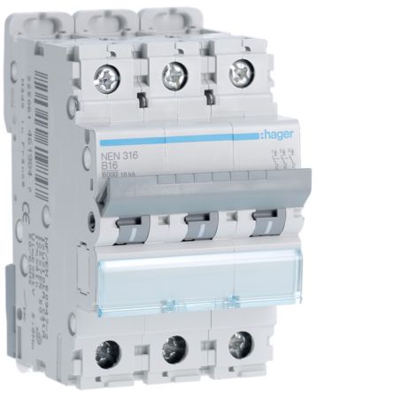 Hager NEN MCB, 3P, 16A, 400V AC, 10 Breaking Capacity