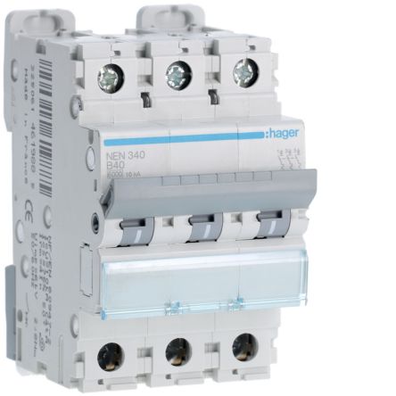 Hager NEN MCB, 3P, 40A, 400V AC, 10 Breaking Capacity