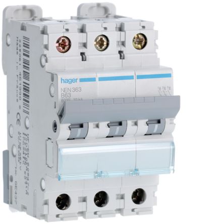 Hager NEN MCB, 3P, 63A, 400V AC, 10 Breaking Capacity
