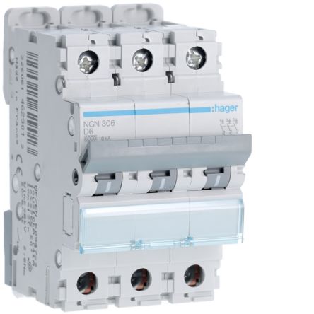 Hager NGN MCB, 3P, 6A, 400V AC, 10 Breaking Capacity