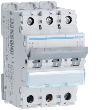 Hager NGN MCB, 3P, 10A, 400V AC, 10 Breaking Capacity