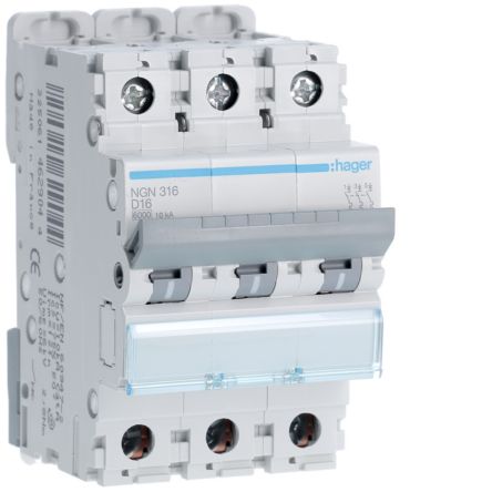 Hager NGN MCB, 3P, 16A, 400V AC, 10 Breaking Capacity