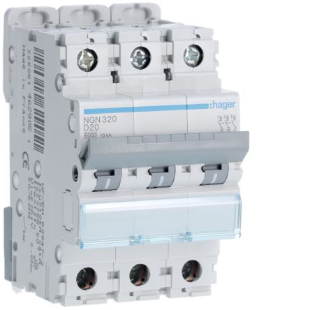Hager NGN MCB, 3P, 20A, 400V AC, 10 Breaking Capacity