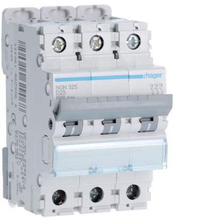 Hager NGN MCB, 3P, 25A, 400V AC, 10 Breaking Capacity