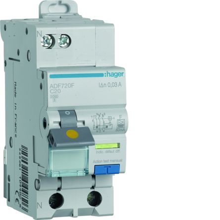 Hager RCBO, 20A Current Rating, 1P+N Poles, 30mA Trip Sensitivity, Type F