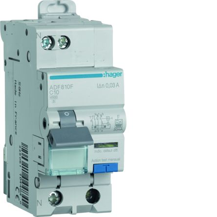 Hager RCBO, 10A Current Rating, 1P+N Poles, 30mA Trip Sensitivity, Type F