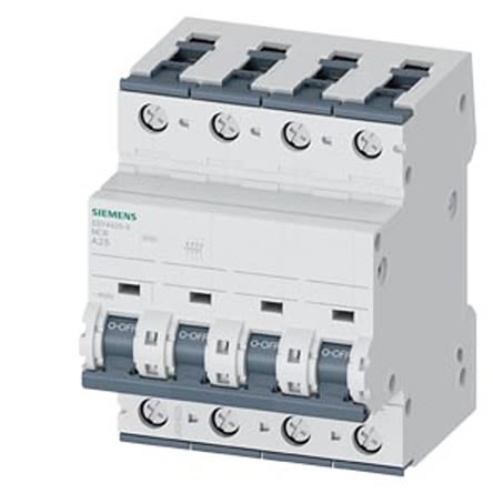 Siemens SENTRON 5SY4 MCB, 4P, 25A, Type A, 400V AC, 60V DC, 20 kA Breaking Capacity