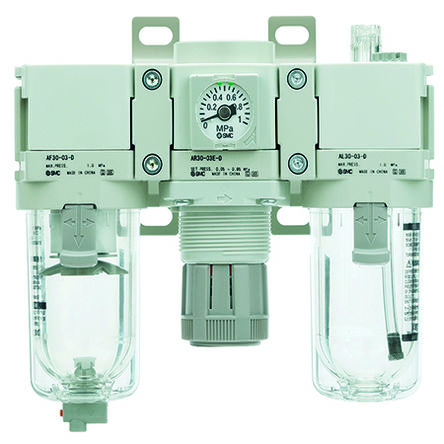 SMC G 3/8 Filter Regulator Lubricator, Automatic Drain, 5μm Filtration Size - Without Pressure Gauge, AC30-F03-D