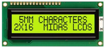 Midas MC21605C6W-SPR-V2 MC21605C6W Alphanumeric LCD Display, Black on Yellow/Green, 2 Rows by 16 Characters, Reflective