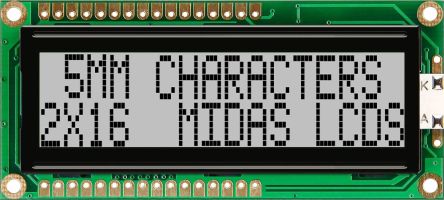 Midas MC21605G6W-GPR-V2 MC21605G6W Alphanumeric LCD Display, Black on Grey, 2 Rows by 16 Characters, Reflective