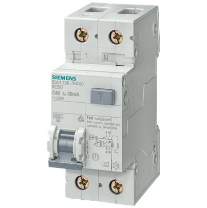 Siemens RCBO, 6A Current Rating, 2P Poles, 30mA Trip Sensitivity, Type B, SENTRON Range