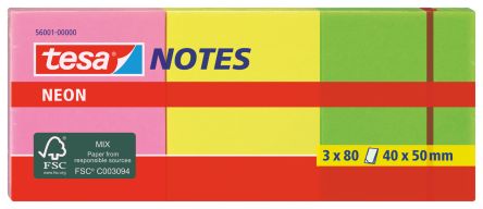 Tesa Green, Orange, Pink, Yellow Sticky Note, 100 Notes per Pad, 50mm x 40mm