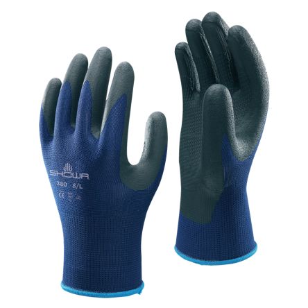 Showa 380 Black, Blue Nylon Grip and Abrasion Resistance, Oil Resistant, Wet Resistance Work Gloves, Size Small,