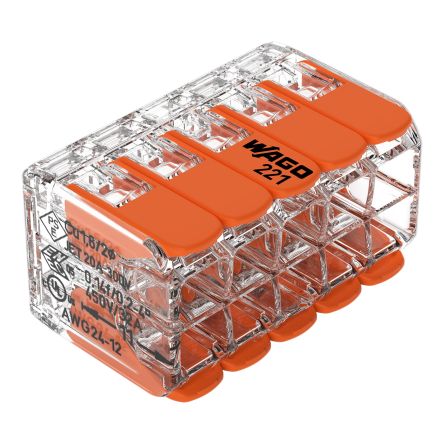 WAGO 221 Series Splice Connector, 10-Way, 32A, 12 → 24 AWG Wire, Cage Clamp Termination