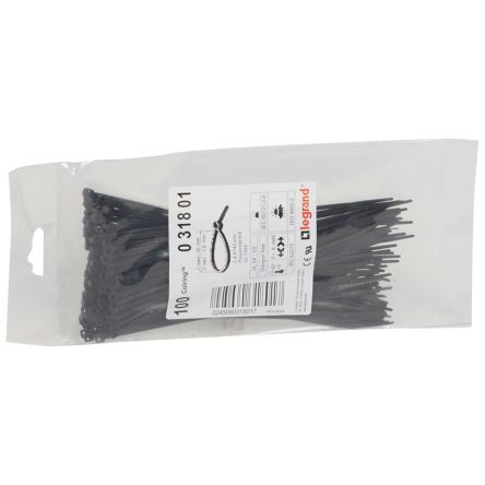 Legrand Cable Tie, Cable Ties, 140mm x 2.4 mm, Black Plastic, Pk-100units