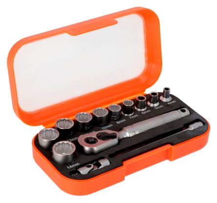Bahco 13-Piece Metric 1/4 Bit Socket Set with Ratchet, Square