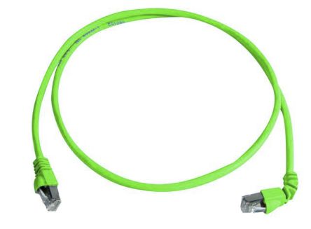 Telegartner Cat6a Right Angle Male RJ45 To Male RJ45 Ethernet Cable, S/FTP, Green LSZH Sheath, 2m