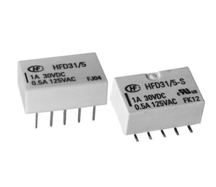 Hongfa Europe GMBH Relé De Señal Sin Enclavamiento HFD31, DPDT, 5V Dc, 2 A Dc, 0,5 A Ac, Montaje En PCB